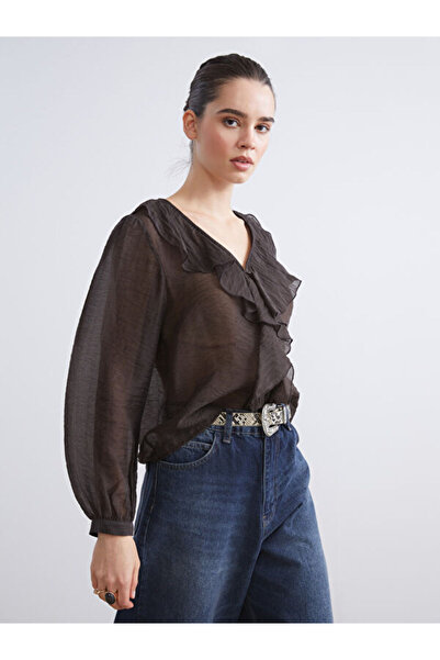 LC Waikiki Rmz Gi̇yi̇m Farkiyla V Planted Ruffle Chiffon Blouse