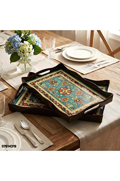 Generic Rectangular Serving Tray Set 'Luxury Bohemian Pattern' - (Turquoise C...