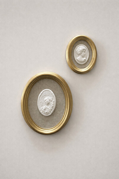 HOME DEKORİSTA 2'li Oval küçük dekoratif çerçeve seti, Camsız , Gold duvar de...