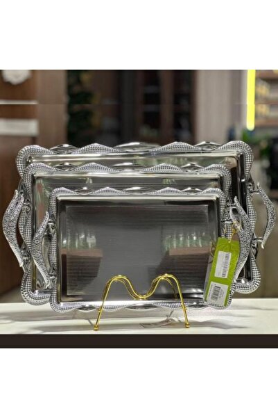 Generic Royal Serving Tray Set 3 Pieces - Full Silver (Textured Handles)