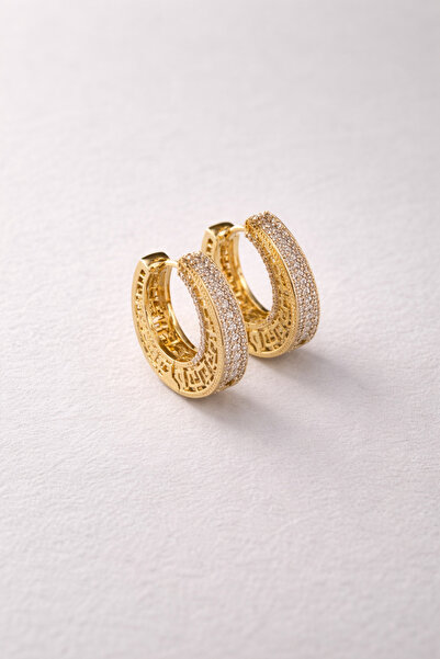 Özce Steel Gold Inlaid Stone Patterned Multi-Dimensional Vela Hoop Earrings -...