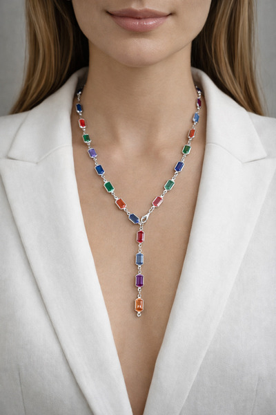 COCOSH TAKI Long Modeen Necklace with Multicolor Stones and Silver Color Chain