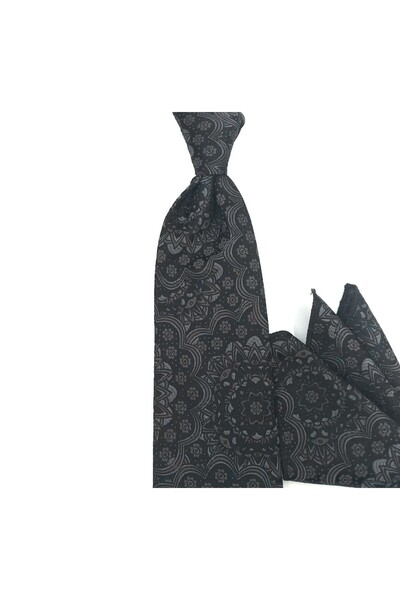 Sade Kravat Black Navy Blue Shawl and Floral Patterned Special Woven Handkerc...