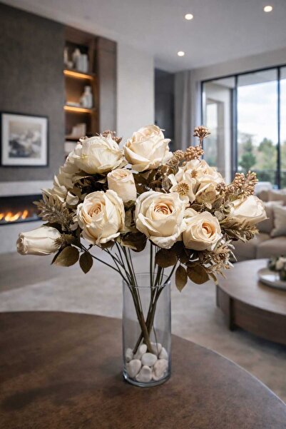 MAKİ DEKOR YAPAY KURUTULMUŞ LÜKS GÜL VE ORTANCA DEMETİ 2 ADET DEKORATİF MODER...