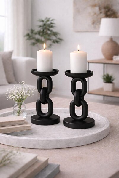 Store Modern Dekoratif Mumluk Seti 2’li | Siyah Taş Tozu Şamdan | Konsol & Or...