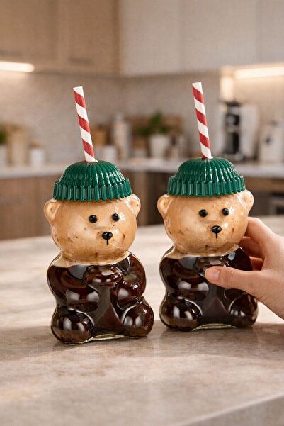 KaraWent Home Trend Glass Barista Tedy Glass with Straw and Teddy Bear 550 ml Krw-12