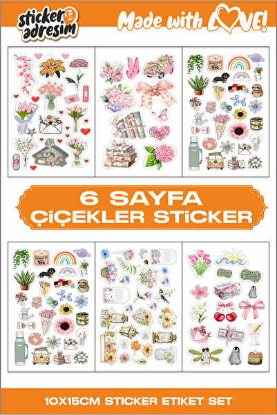 Sticker Adresim 6 Sayfa Çiçekler Sticker Seti - Etiket - Bullet Journal