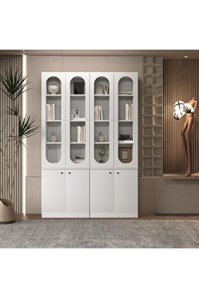 klubeconcept KUBBE Beyaz Kemer Formlu Kitaplık Ünitesi Vitrin 140x30x210