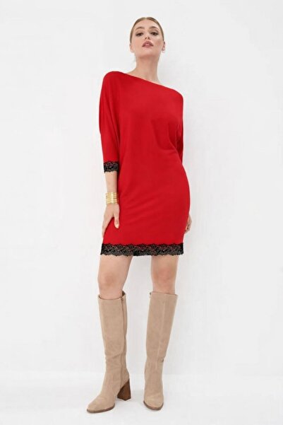 MAG FASHİON Lace Red Knitwear Dress Bat Sleeve Boat Neck