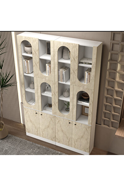 klubeconcept MİHRAP Beyaz Kemer Formlu Kitaplık Ünitesi Vitrin | 140×30×210 cm