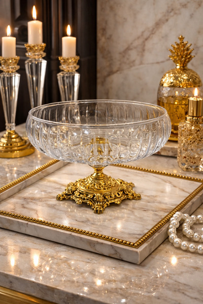 silvia home decor Gold Metal Footed Linea Striped Salad Bowl Fruit Bowl Prese...