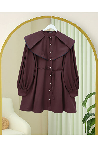 Modamorfo Wide Collar Ribbed Belted Buttoned Shirt -Plum