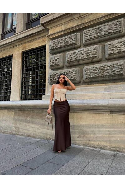 Mynoa Stylish Shiny Satin Belt with Elastic 94cm Flared Maxi Length Skirt