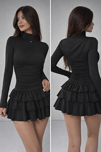 Store Yarım Boğaz Fit & Volanlı Mini Elbise –