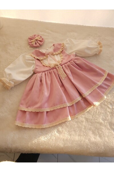 Elwirababyboutiqe pudra vintage dantel detaylı çift kat etekli elbise