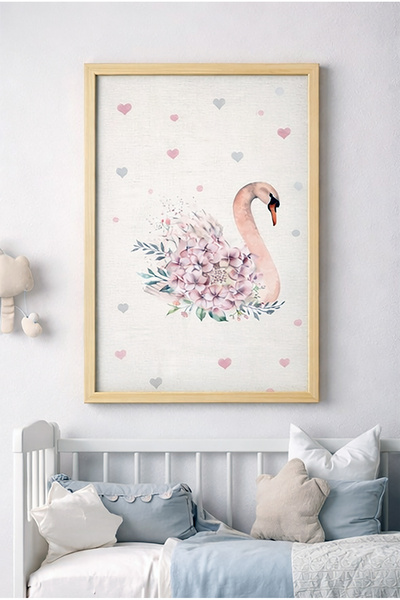 Bebişim Halı Çocuk Odası Kuğu Çiçekli Tablo | Ahşap Çerçeveli Kumaş Üzeri Öze...