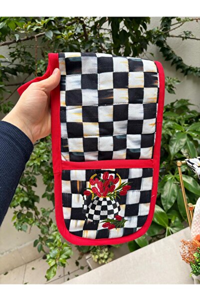 Çengelli İğne Heat-Resistant Kitchen Holder with Red Tulips & Black Checkered...