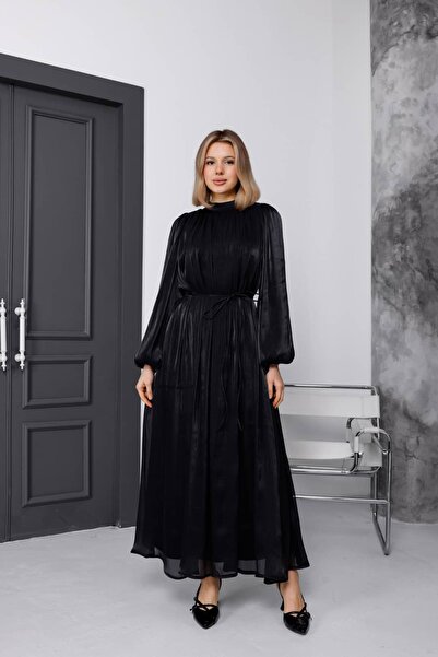 Milamia Women's Tulle Satin Lace-Up Elastic Sleeve Evening Dress