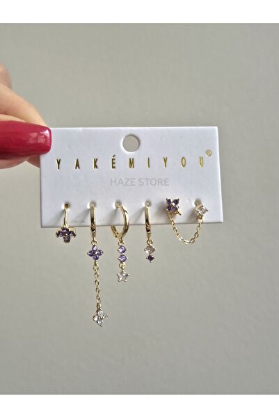 Haze Lila Çiçek Yakemiyou Kararmaz Çelik Altılı Küpe Set