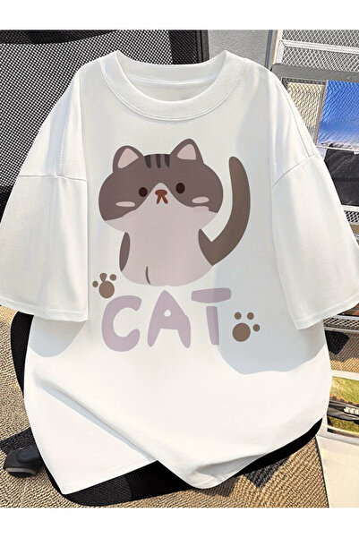 ibibik moda Tricou unisex oversize din bumbac imprimat CAT, cu gât crew și mâ...