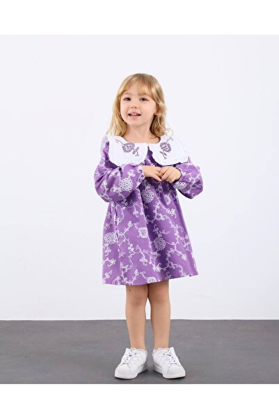 ButumiKids Kız Çocuk Nakış İşlemeli Geniş Yaka Keten Elbise