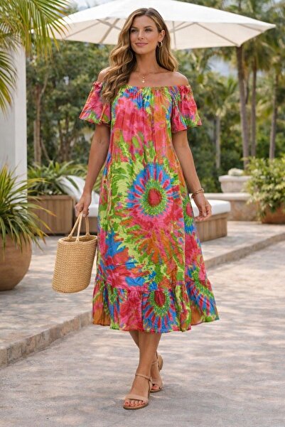 AYASOFYA OTANTIK Women's Madonna Collared Patterned Side Short Sleeve Loose D...