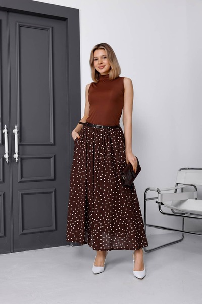 Milamia Polka Dot Pattern Lined Casual Long Voile Linen Skirt with Belt