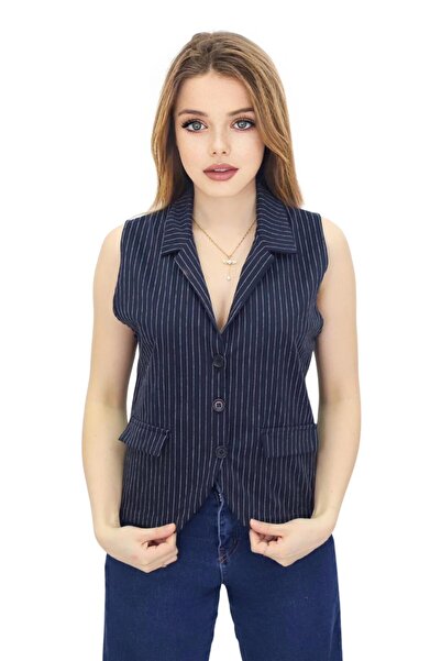 MADAM PARS Women's Navy Blue Striped Cropped Jacket Vest Double-Breasted Coll...