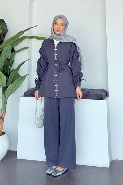 Şulemoda Giyim Berna Sleeveless Gathered Suit Smoked