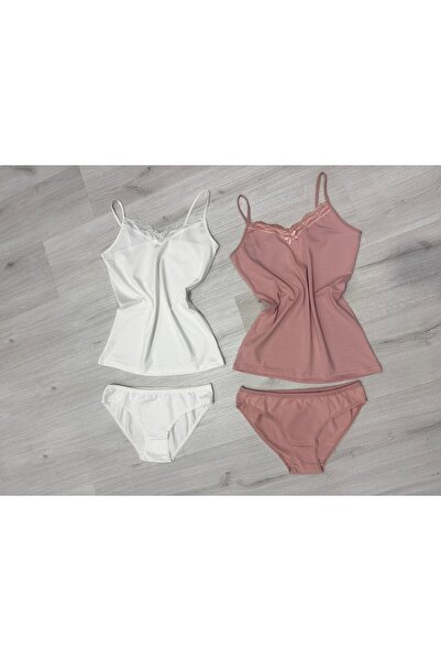 ParisTrend Lace Combed Cotton Undershirt 2-Piece Set Powder and White