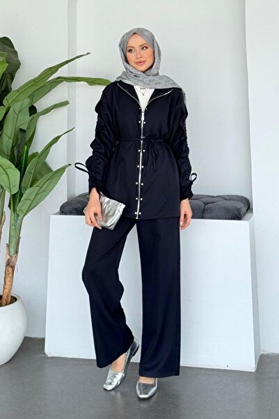 Şulemoda Giyim Berna Drawstring Sleeve Suit Navy Blue