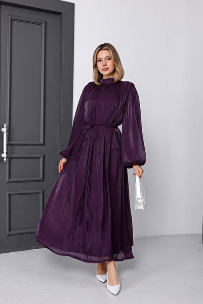 Milamia Women's Tulle Satin Lace-Up Elastic Sleeve Evening Dress