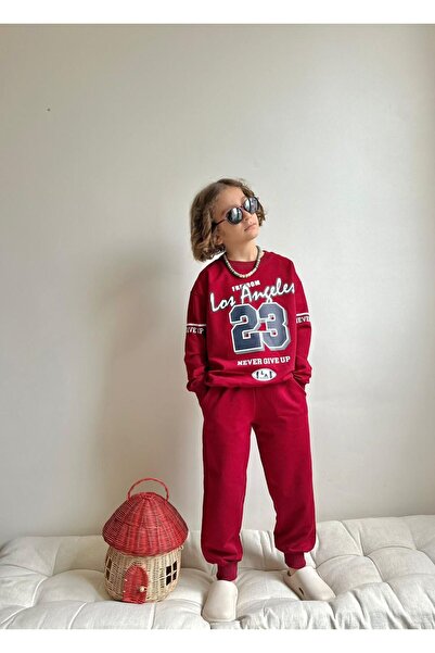 ButumiKids New Season Boys' Text Print Detailed Cotton Fabric Top and Bottom Set