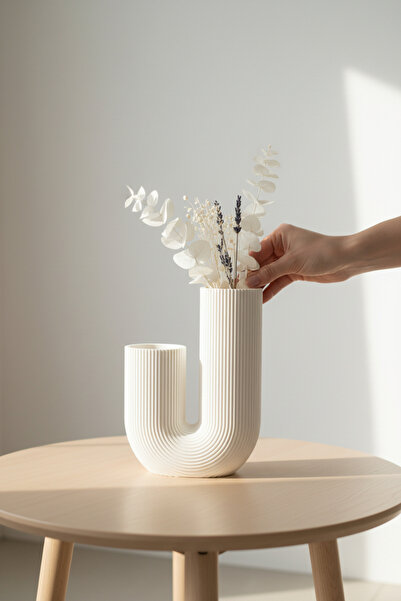 Pazarois U-Shaped Pipe Figured Design Vase White