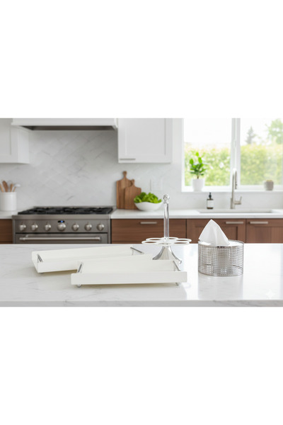 Generic A modern hospitality set including serving trays, a cup holder, and a...