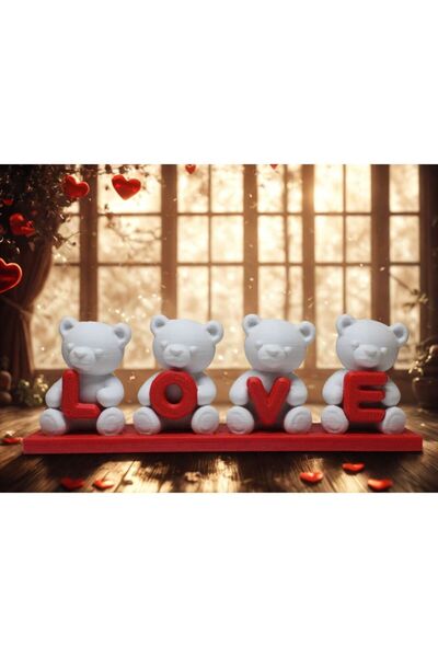 3DMakineSepeti Kırmızı LOVE Yazılı Sevimli Beyaz Ayıcık Dekor – 3D Baskı Masa...