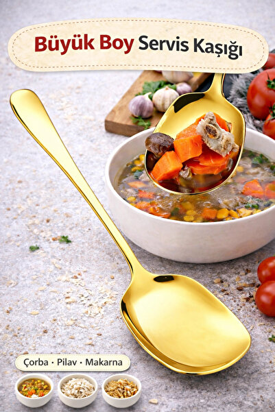 Tilbe Home Lüx Gold Servis Kaşığı Büyük Boy Paslanmaz Çelik Kaşık Salata Past...