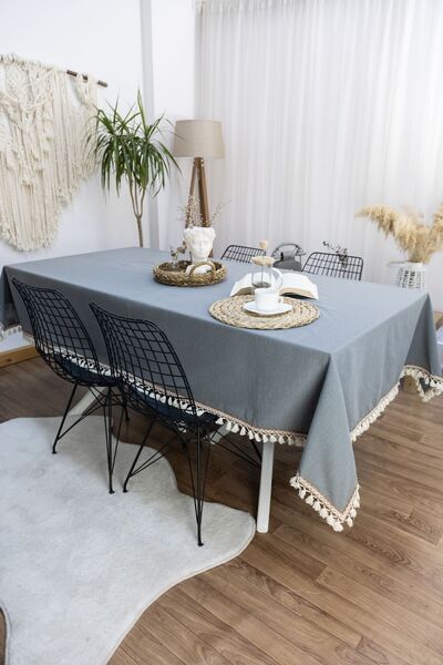 Onerose Home مفرش طاولة فاخر من الكتان بلون بني مدخن مع خطوط وكرات زينة