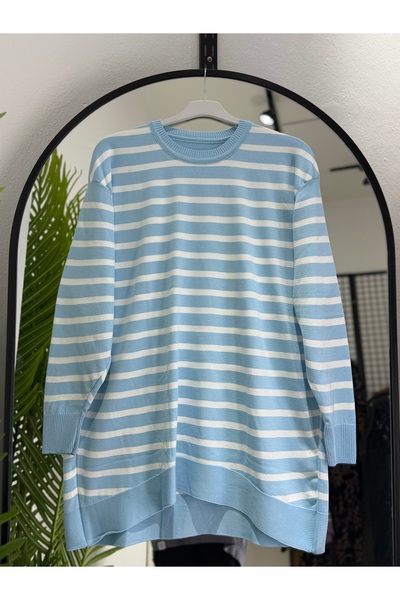 ÖZNE BUTİK Women's Striped Oversize Mercerized Fabric Crew Neck Tunic