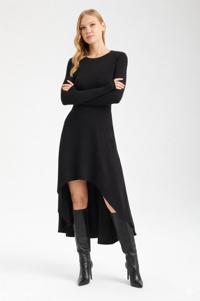 By Yaren Yazıcı Plum Dark Mulberry Crew Neck Asymmetrical Midi Dress with Glo...