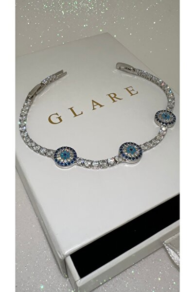 GLARE JEWELRY CO Gümüş Rodyumlu Zirkon Taşlı Üç Nazar Boncuklu Camgöz Suyolu ...