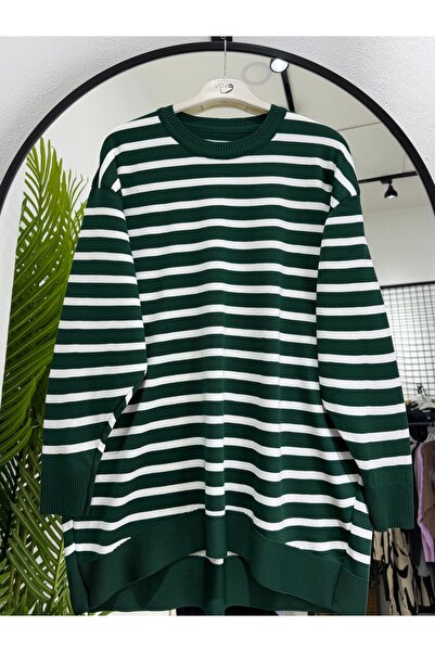 ÖZNE BUTİK Women's Striped Oversize Mercerized Fabric Crew Neck Tunic