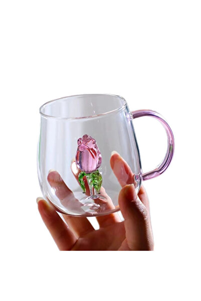 shellwetr Cam Kupa Bardak Gül desenli 3 boyutlu bardak borsilikat cam kupa ıs...