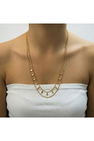 AccessoriesCınCık 316L Kararmaz Çelik Gold Renk Pullu Çift Zincir Kadın Kolye