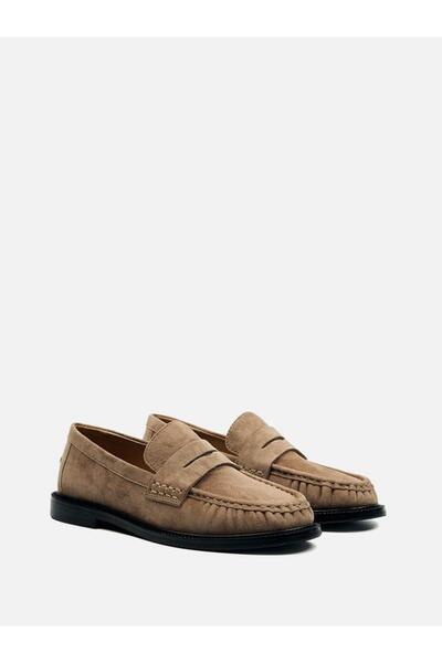 FUNDA AKIN Mi Luz Vegan Leather Beige Suede Moccasin Loafer Shoes with Gathered Detail on the Front