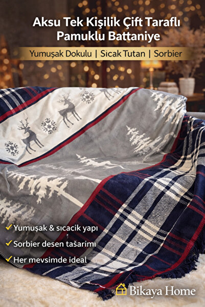 Bikaya Home Aksu Single Double-Sided Cotton Blanket |   150X200 |   Soft Text...