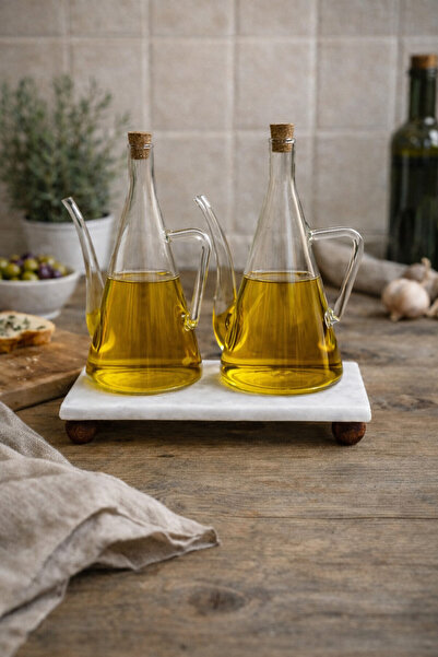Dia Glass oil and vinegar cruet set of 2 – marble stand, modern & natural design