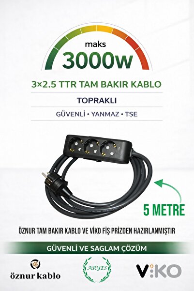 Aryes 3’lü Priz Uzatma Kablosu 5 Metre | Öznur 3x2.5 TTR %100 Bakır | Güçlü &...
