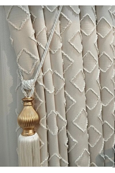 CEMRE PERDE Fon Linen Tasseled Ecru 1/3 Dense Pleated Ceiling Braçöl Gift