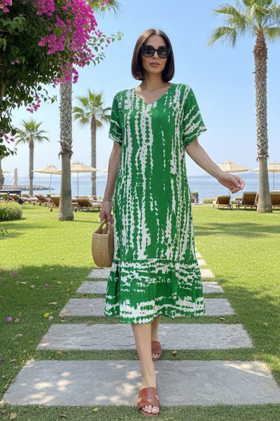 AYASOFYA OTANTIK Women's V-Neck Patterned Half Sleeve Dress with Pockets